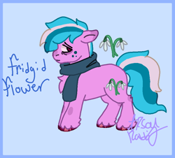 Size: 798x720 | Tagged: safe, artist:arsonrabbit, oc, oc only, oc:frigid flower, earth pony, pony, g4, abstract background, blue hair, blue mane, blue tail, clothes, digital art, earth pony oc, freckles, hooves, looking back, male, passepartout, pink coat, red eyes, red hooves, scarf, signature, solo, stallion, tail, unshorn fetlocks