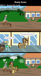 Size: 1920x3516 | Tagged: safe, artist:platinumdrop, derpy hooves, oc, oc:dusty hooves, oc:kikat, earth pony, pegasus, pony, comic:dusty acres, series:technoverse, g4, 3 panel comic, bag, comic, commission, dialogue, female, filly, foal, food, male, missy, muffin, paper bag, sitting, smiling, speech bubble, stallion, younger