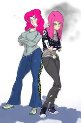 Size: 2608x3941 | Tagged: safe, artist:ponny, pinkie pie, human, g4, angry, bags under eyes, clothes, colored, crossed arms, denim, happy, humanized, jeans, pants, pinkamena diane pie, ripped pants, shading, shoes, skull and crossbones, sparkles, sweater, torn clothes