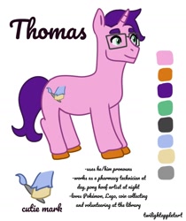 Size: 1378x1640 | Tagged: safe, artist:twilightappletart, oc, oc only, oc:thomas, pony, unicorn, cutie mark, horn, male, nerd, ponysona, reference sheet, solo, stallion, unicorn oc