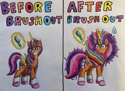 Size: 3453x2508 | Tagged: safe, artist:bozzerkazooers, sunny starscout, alicorn, earth pony, pony, g5, 2 panel comic, before and after, big mane, big tail, blush sticker, blushing, brush, brushout, caption, comic, female, glowing, glowing horn, horn, levitation, magic, mane stripe sunny, mare, messy mane, race swap, solo, sunnycorn, tail, telekinesis, text, traditional art, unshorn fetlocks