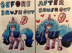 Size: 3779x2803 | Tagged: safe, artist:bozzerkazooers, izzy moonbow, pony, unicorn, g5, 2 panel comic, before and after, big mane, big tail, blush sticker, blushing, brush, brushout, caption, comic, female, glowing, glowing horn, horn, levitation, magic, mare, messy mane, solo, tail, telekinesis, text, traditional art, unshorn fetlocks