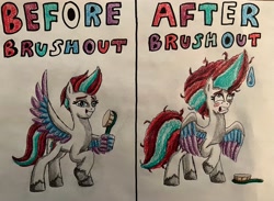 Size: 3731x2734 | Tagged: safe, artist:bozzerkazooers, zipp storm, pegasus, pony, g5, 2 panel comic, before and after, big mane, big tail, blush sticker, blushing, brush, brushout, caption, comic, female, mare, messy mane, solo, tail, text, traditional art, unshorn fetlocks