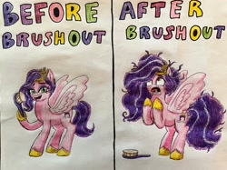 Size: 3633x2718 | Tagged: safe, artist:bozzerkazooers, pipp petals, pegasus, pony, g5, 2 panel comic, before and after, big mane, big tail, brush, brushout, caption, comic, female, mare, messy mane, solo, tail, text, traditional art, unshorn fetlocks