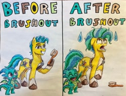 Size: 3580x2720 | Tagged: safe, artist:bozzerkazooers, hitch trailblazer, sparky sparkeroni, dragon, pony, g5, 2 panel comic, baby, baby dragon, before and after, big mane, big tail, brush, brushout, caption, comic, duo, duo male and female, female, male, messy mane, stallion, tail, text, traditional art, unshorn fetlocks