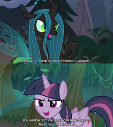 Size: 1280x1440 | Tagged: safe, edit, edited screencap, editor:jaredking779, screencap, mean twilight sparkle, queen chrysalis, alicorn, changeling, changeling queen, pony, frenemies (episode), g4, my little pony: friendship is magic, season 8, season 9, caption, confrontation, duo, duo female, female, mare, text