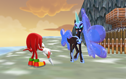 Size: 1920x1200 | Tagged: safe, artist:puzzlshield2, nightmare moon, alicorn, pony, series:brother bear: a crossover parody, g4, 3d, cool cool mountain, crossover, fight, knuckles the echidna, magic, mmd, recreation, sonic the hedgehog (series), spear, story included, super mario, super mario 64, weapon