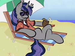 Size: 2048x1535 | Tagged: safe, artist:doodle-hooves, oc, oc only, oc:dreaming star, bat pony, bat pony unicorn, hybrid, unicorn, bat pony oc, beach, beach umbrella, bottomless, clothes, commission, crossed legs, drink, drinking straw, fangs, horn, lying down, ocean, outdoors, partial nudity, relaxing, shirt, sunglasses, unicorn oc, water, ych result