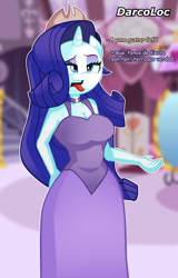 Size: 1202x1876 | Tagged: safe, artist:darcoloc, rarity, unicorn, anthro, g4, breasts, busty rarity, carousel boutique, clothes, crown, dress, eyeshadow, female, german, horn, jewelry, makeup, mare, open mouth, regalia, solo, tongue out