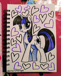 Size: 3072x3842 | Tagged: safe, artist:dariarchangel, twilight sparkle, pony, unicorn, g4, bangs, big eyes, black hair, black mane, black tail, cute, doodle, female, heart, limited palette, mare, photo, sketchbook, smiling, solo, standing, straight hair, straight mane, straight tail, tail, traditional art, twiabetes, two toned hair, two toned mane, two toned tail, unicorn twilight