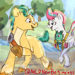 Size: 1280x1280 | Tagged: safe, artist:flurryheart04, hitch trailblazer, sparky sparkeroni, zipp storm, dragon, earth pony, pegasus, pony, g5, my little pony: tell your tale, the hunt for eggmund bunny, spoiler:g5, spoiler:my little pony: tell your tale, baby, baby dragon, bag, female, looking at each other, looking at someone, male, mare, outdoors, saddle bag, stallion, trio