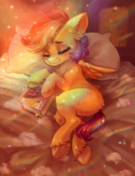 Size: 2396x3109 | Tagged: safe, artist:polnocnykot, scootaloo, pegasus, pony, g4, bed, book, cheek fluff, chest fluff, cloud, cute, cutealoo, drawing, dream, ear fluff, eyes closed, feathered wings, female, filly, foal, frog (hoof), hoof hold, lying down, morning, on bed, on side, pillow, rainbow, sleeping, solo, spread wings, sun, underhoof, unshorn fetlocks, wings