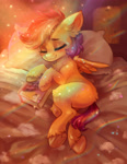 Size: 2396x3109 | Tagged: safe, artist:polnocnykot, scootaloo, pegasus, pony, g4, bed, book, cheek fluff, chest fluff, cloud, cute, cutealoo, drawing, dream, ear fluff, eyes closed, feathered wings, female, filly, foal, frog (hoof), hoof hold, indoors, lying down, morning, on bed, on side, pillow, rainbow, sleeping, solo, spread wings, sun, underhoof, unshorn fetlocks, wings