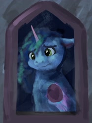 Size: 2048x2732 | Tagged: safe, artist:flurryheart04, misty brightdawn, pony, unicorn, g5, female, horn, looking out the window, mare, opaline's dark castle, sad, solo, window