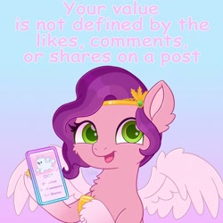 Size: 1280x1280 | Tagged: safe, artist:faelingmagic, cloudpuff, pipp petals, pegasus, pony, g5, based, cellphone, female, looking at you, mare, morality, phone, positive message, positive ponies