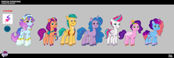 Size: 5015x1679 | Tagged: safe, lil critter workshop, hitch trailblazer, izzy moonbow, misty brightdawn, odessa evensong, pipp petals, sunny starscout, zipp storm, earth pony, pony, g5, my little pony: tell your tale, official, the petal gala, leak, colored, concept art, cutie mark, female, height difference, hoof heart, male, mane five, mane six (g5), mare, physique difference, reference sheet, size comparison, solo focus, stallion, underhoof, upside-down hoof heart