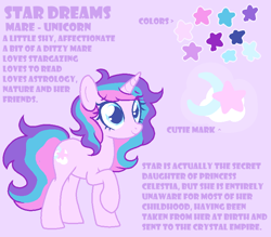 Size: 800x700 | Tagged: safe, artist:anonymares, star dreams, pony, unicorn, g4, color palette, description, female, horn, mare, not an oc, parent:princess celestia, reference sheet, solo, solo female, text, toy interpretation