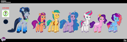 Size: 5114x1707 | Tagged: safe, lil critter workshop, hitch trailblazer, izzy moonbow, misty brightdawn, pipp petals, sunny starscout, zinnea, zipp storm, earth pony, pony, g5, my little pony: tell your tale, official, the petal gala, leak, colored, concept art, cutie mark, female, height difference, hoof heart, male, mane five, mane six (g5), mare, physique difference, reference sheet, size comparison, solo focus, stallion, underhoof, upside-down hoof heart