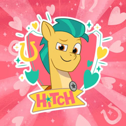 Size: 696x696 | Tagged: safe, hitch trailblazer, earth pony, g5, my little pony: tell your tale, official, 2d, heart, horseshoes, looking at you, pink background, sheriff, simple background, smiling, smiling at you, weixin