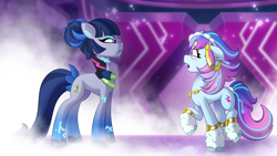 Size: 7200x4050 | Tagged: safe, artist:shad0w-galaxy, odessa evensong, zinnea, cyborg, cyborg pony, earth pony, pony, g5, my little pony: tell your tale, the petal gala, leak, spoiler:g5, spoiler:my little pony: tell your tale, absurd resolution, angry, body markings, clothes, concave belly, duo, duo female, ear piercing, earring, eyeshadow, female, fog, future, futuristic, height difference, i can't believe it's not hasbro studios, jewelry, makeup, mare, necklace, open mouth, piercing, raised hoof, scared, show accurate, stage, style emulation, tall, teaser