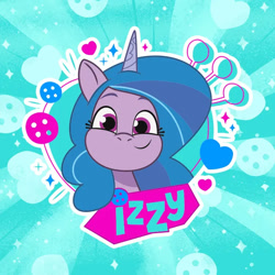 Size: 696x696 | Tagged: safe, izzy moonbow, unicorn, g5, my little pony: tell your tale, official, blue background, button, cute, heart, horn, izzybetes, looking at you, simple background, smiling, smiling at you, sparkles, weixin