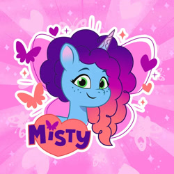 Size: 696x696 | Tagged: safe, misty brightdawn, butterfly, unicorn, g5, my little pony: tell your tale, official, 2d, cute, horn, looking at you, mistybetes, pink background, simple background, smiling, smiling at you, sparkles, weixin