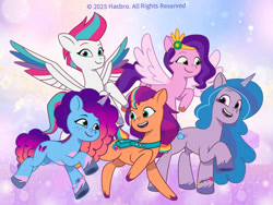 Size: 750x564 | Tagged: safe, hitch trailblazer, izzy moonbow, misty brightdawn, pipp petals, sunny starscout, zipp storm, earth pony, pegasus, unicorn, g5, my little pony: tell your tale, official, flying, horn, looking at each other, looking at someone, looking at you, mane five, mane six (g5), raised hoof, running, smiling, smiling at each other, smiling at you, weixin