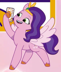 Size: 303x358 | Tagged: safe, pipp petals, pegasus, g5, my little pony: tell your tale, official, 2d, looking away, phone, pink background, selfie, simple background, smiling, standing, weixin