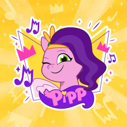 Size: 696x696 | Tagged: safe, pipp petals, pegasus, g5, my little pony: tell your tale, official, 2d, crown, jewelry, looking at you, music notes, one eye closed, regalia, simple background, smiling, smiling at you, sparkles, weixin, wink, winking at you, yellow background