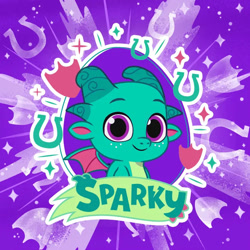 Size: 696x696 | Tagged: safe, sparky sparkeroni, dragon, g5, my little pony: tell your tale, official, 2d, baby, baby dragon, horseshoes, looking at you, shield, smiling, smiling at you, sparkles, violet background, weixin