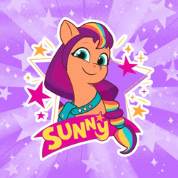 Size: 696x696 | Tagged: safe, sunny starscout, earth pony, g5, my little pony: tell your tale, official, 2d, looking at you, mane stripe sunny, multicolored hair, rainbow hair, smiling, smiling at you, sparkles, stars, violet background, weixin