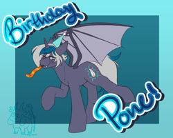 Size: 3000x2400 | Tagged: safe, artist:snows-undercover, oc, oc only, oc:elizabat stormfeather, alicorn, bat pony, bat pony alicorn, pony, alicorn oc, bat pony oc, bat wings, birthday, birthday gift art, cute, fangs, female, gift art, hat, horn, mare, one eye closed, party hat, party horn, raised hoof, raised leg, solo, wings, wink