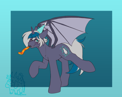 Size: 3000x2400 | Tagged: safe, alternate version, artist:snows-undercover, oc, oc only, oc:elizabat stormfeather, alicorn, bat pony, bat pony alicorn, pony, alicorn oc, bat pony oc, bat wings, birthday, birthday gift art, cute, fangs, female, gift art, hat, horn, mare, one eye closed, party hat, party horn, raised hoof, raised leg, solo, wings, wink