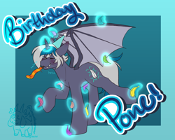 Size: 3000x2400 | Tagged: safe, artist:snows-undercover, oc, oc only, oc:elizabat stormfeather, alicorn, bat pony, bat pony alicorn, pony, alicorn oc, bat pony oc, bat wings, birthday, birthday gift art, crying, cute, fangs, feather, female, gift art, glowing, glowing horn, grin, gritted teeth, hat, horn, laughing, magic, mare, one eye closed, party hat, party horn, raised hoof, raised leg, self tickling, smiling, solo, stifling laughter, tears of laughter, teeth, tickle torture, tickling, wings, wink