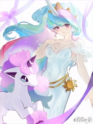 Size: 1536x2048 | Tagged: safe, artist:xdxday365, princess celestia, galarian ponyta, human, ponyta, g4, breasts, cleavage, clothes, dress, female, horn, horned humanization, humanized, light skin, long hair, looking at you, pink eyes, pink mane, pokémon, simple background, solo, solo female, white coat