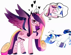 Size: 2144x1656 | Tagged: safe, artist:xdxday365, princess cadance, shining armor, alicorn, g4, alicorn princess, clothes, eyelashes, eyeliner, female, fishnet clothing, fishnet stockings, goth, heart, heart eyes, kissing, licking, licking lips, looking at you, makeup, male, meme, muzzle, pink coat, simple background, stockings, thigh highs, tied down, tongue out, wingding eyes