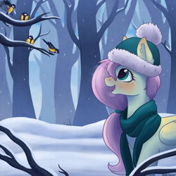 Size: 1500x1500 | Tagged: safe, artist:maravor, fluttershy, bird, pony, g4, clothes, scarf, snow, solo, tree