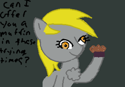 Size: 960x672 | Tagged: safe, artist:just_a_nerd, derpy hooves, pegasus, pony, g4, colored, digital art, food, muffin, pixel art, simple background, text