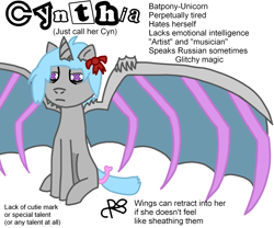 Size: 2100x1750 | Tagged: safe, oc, bat pony, hybrid, pony, unicorn, bow, hair bow, horn, hybrid oc, messy mane, ponysona, reference sheet, ribbon