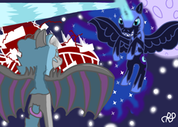 Size: 2100x1500 | Tagged: safe, nightmare moon, oc, bat pony, hybrid, pony, unicorn, g4, bow, hair bow, horn, hybrid oc, messy mane, moon, night, ponysona, ribbon, stars