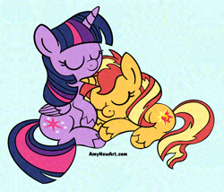 Size: 2398x2050 | Tagged: safe, artist:amynewblue, sunset shimmer, twilight sparkle, alicorn, unicorn, g4, cuddling, female, horn, lesbian, ship:sunsetsparkle, shipping, sleeping, sleepy, twilight sparkle (alicorn)