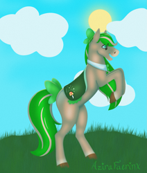 Size: 1141x1345 | Tagged: safe, artist:azira faerinx, oc, oc only, earth pony, horse, pony, bow, bowtie, colored hooves, digital art, grass, green eyes, green mane, hair bow, hooves, rearing, render, shading, side view, signature, sky, tail, tail bow, wild manes