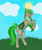 Size: 1141x1345 | Tagged: safe, artist:azira faerinx, oc, oc only, oc:clover, earth pony, horse, pony, bow, bowtie, cloud, colored hooves, digital art, female, glasses, gradient legs, gradient muzzle, grass, green eyes, green mane, hair bow, hooves, mare, open mouth, open smile, outdoors, raised hooves, rearing, render, saddle, shading, side view, signature, sky, smiling, solo, sun, tack, tail, tail bow, wild manes, wild manes oc