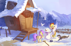 Size: 4346x2802 | Tagged: safe, artist:三月, oc, oc only, oc:plum blossoms, oc:三月, bird, dog, earth pony, pegasus, pigeon, pony, border collie, bow, bowtie, broom, bucket, cabin, chest fluff, clothes, dock, duo, duo female, ear fluff, earth pony oc, female, fence, flying, forest, high res, ladder, mare, mountain, nature, open mouth, outdoors, pegasus oc, running, scarf, snow, snowman, spread wings, standing, tail, tree, window, wings, winter