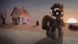 Size: 1918x1080 | Tagged: safe, artist:uspen, timber spruce, oc, oc only, earth pony, pony, fallout equestria, equestria girls, g4, my little pony equestria girls: better together, road trippin, armor, complex background, female, grass, house, mare, outdoors, power armor, rangers applejack, road, sad, solo, solo female, solo focus, stairs, steel ranger, sunset, tension, tree stump, window, wood