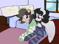 Size: 1600x1200 | Tagged: safe, artist:sharkrikka, oc, oc only, oc:dream weaver, oc:tayer, pegasus, pony, bed, bedroom, blanket, clothes, cloud, gay, glass, hoodie, horns, male, nightstand, phone, pillow, shipping, shirt, sitting, socks, striped shirt, striped socks, sun, tamers12345, window