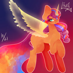 Size: 1280x1280 | Tagged: safe, artist:lovelyblossom-artz, sunny starscout, alicorn, earth pony, pony, g5, female, gradient background, mane stripe sunny, mare, race swap, solo, sunnycorn