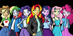 Size: 1264x632 | Tagged: safe, artist:lunascastle, applejack, fluttershy, pinkie pie, rainbow dash, rarity, sci-twi, sunset shimmer, twilight sparkle, human, equestria girls, g4, female, humane five, humane six, mane six, simple background, transparent background