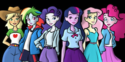 Size: 1264x632 | Tagged: safe, artist:lunascastle, applejack, fluttershy, pinkie pie, rainbow dash, rarity, sci-twi, twilight sparkle, equestria girls, g4, humane five, humane six, mane six, simple background, transparent background