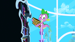 Size: 1920x1080 | Tagged: safe, screencap, spike, dragon, friendship is magic, g4, my little pony: friendship is magic, book, bookshelf, ladder, male, solo, twilight's canterlot home, window